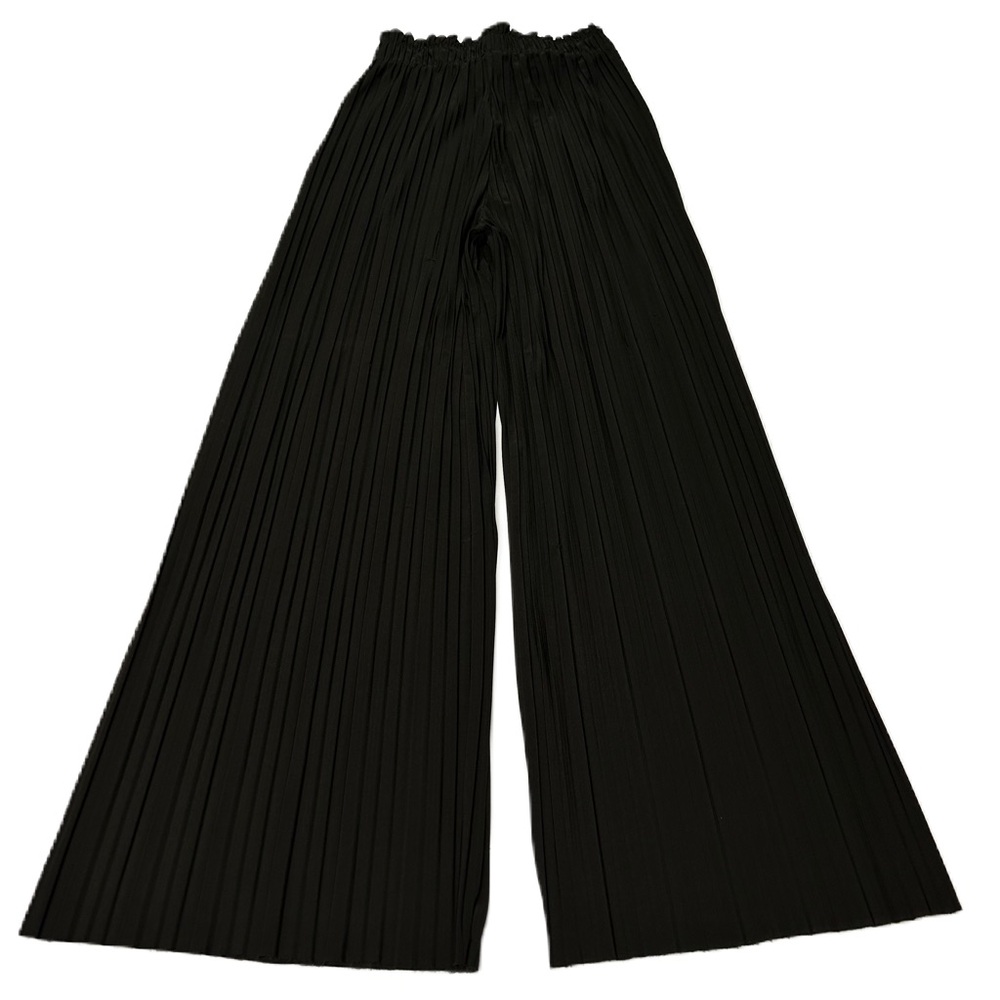 Womens High Rise Wide Leg Pants Sz M‎ Crinkle Pleat Pull On Tie Bow Flowy Black